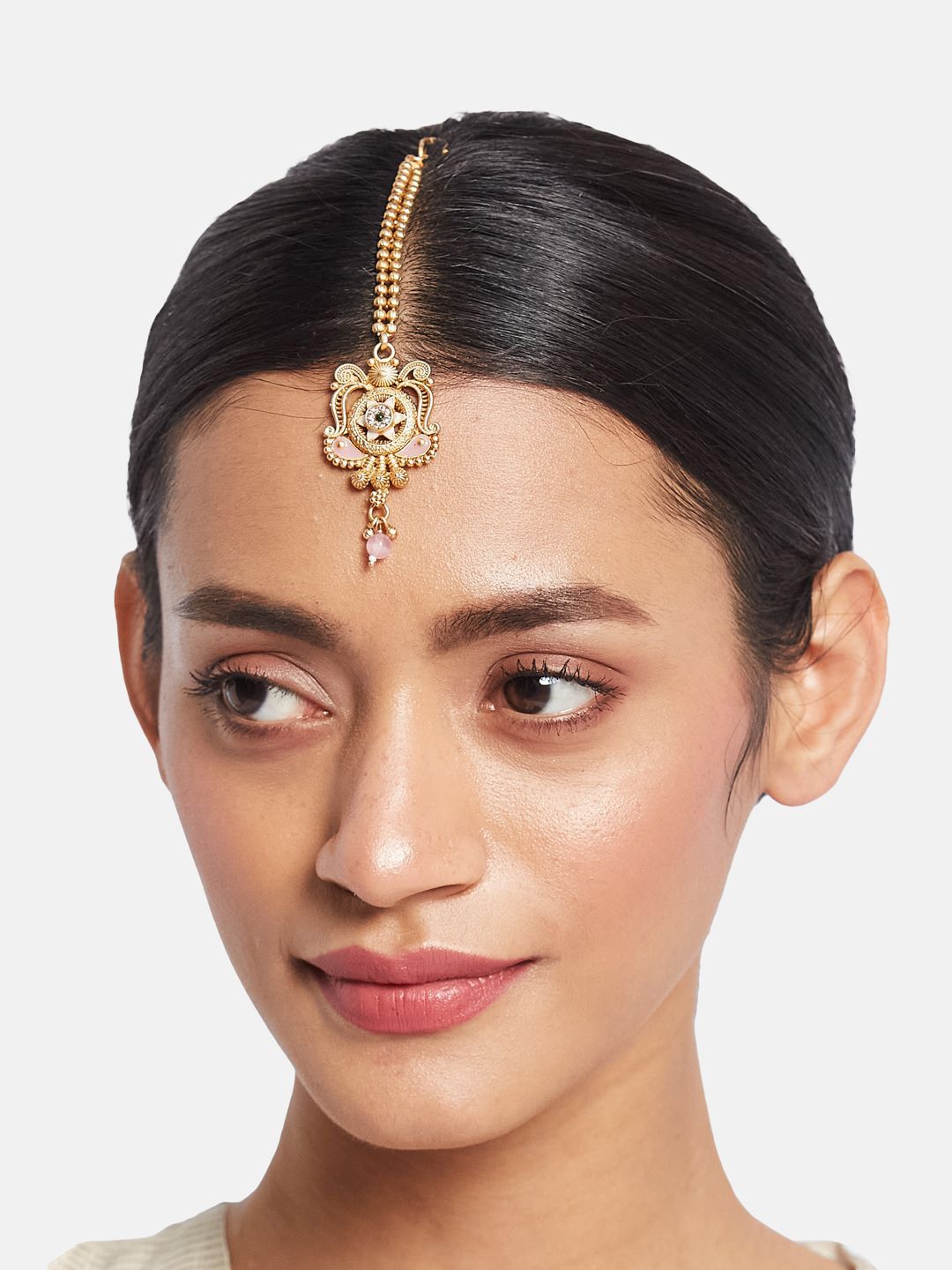 ATIBELLE Set of 2 Gold-Plated Stone Studded and Rajasthani Borla Beaded Maang Tikkas