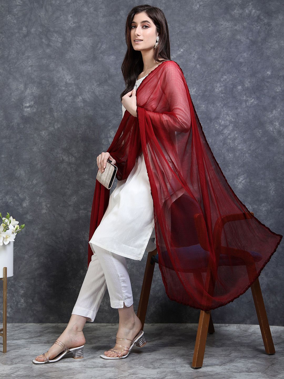 MIRAAN Chiffon Maroon Dupatta With Woven border-image-28