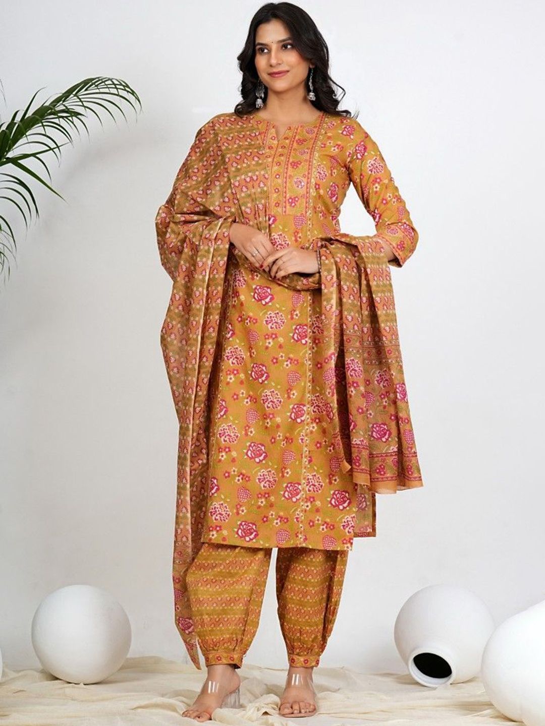 KALINI Women Floral Printed Lace Work Cotton Kurta with Trousers & Dupatta