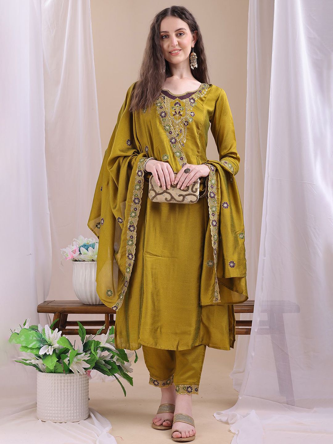 KALINI Women Ethnic Motifs Embroidered Regular Kurta Trousers With Dupatta