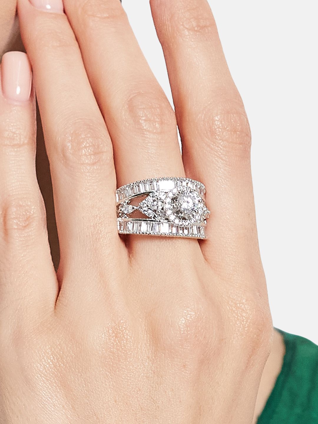 ATIBELLE Set Of 2 Silver Plated CZ Studded Finger Ring