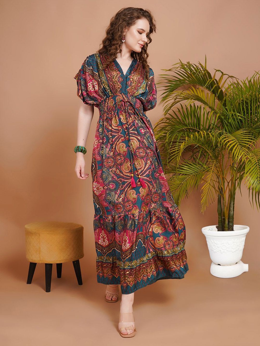 Boholyfe Women Ethnic Motifs Print Slit Sleeve Fit & Flare Maxi Dress-image-21
