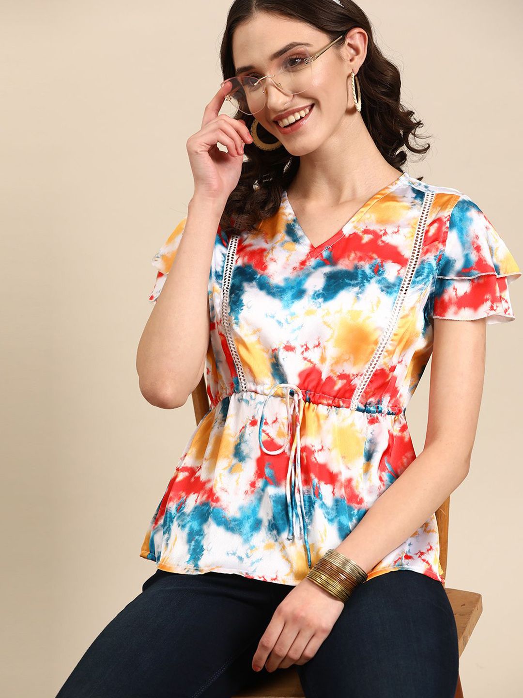Sangria Women Tie-Dyed Lace Inserts V-neck Top-picture-38