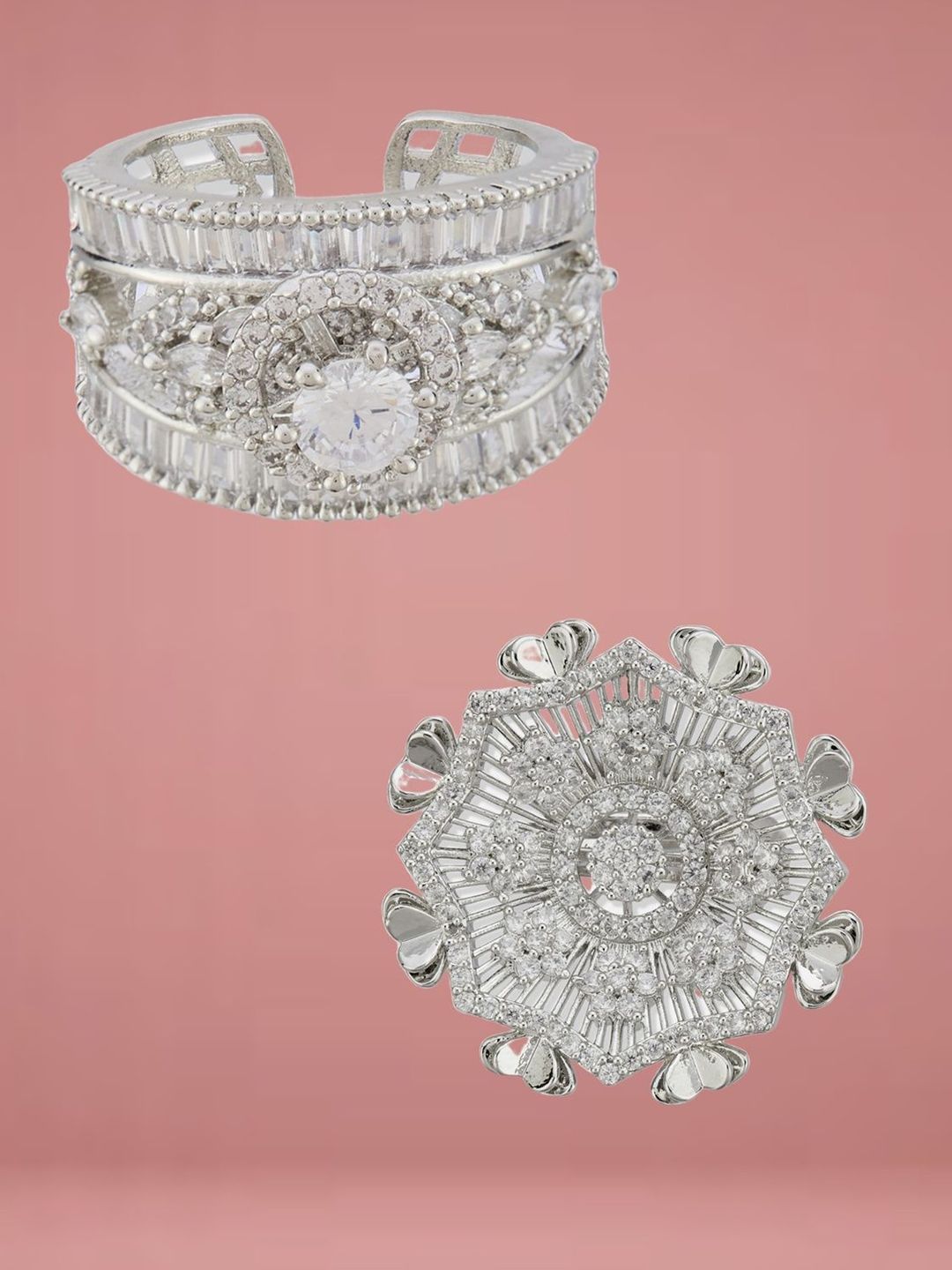 ATIBELLE Set Of 2 Silver Plated CZ Studded Finger Ring
