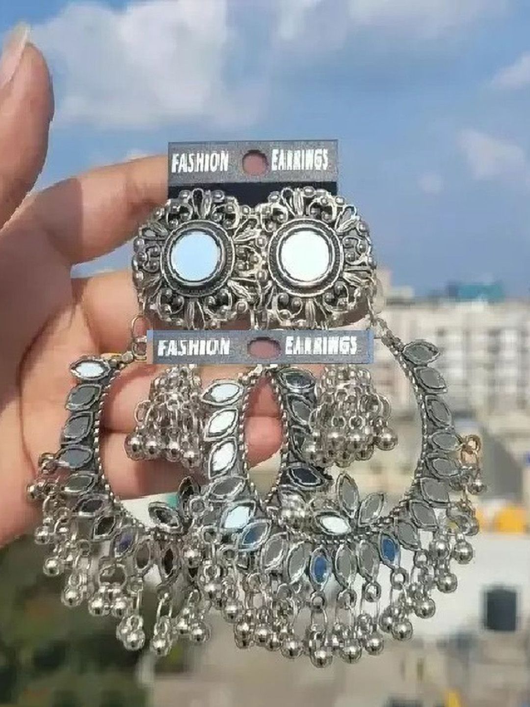 Sangria Silver Plated Artificial Stones Studded & Beaded Oxidised Drop Earrings-image-37