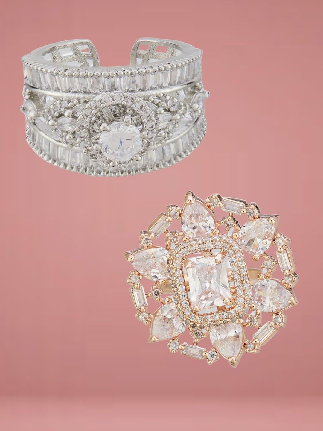 ATIBELLE Set Of 2 Rose Gold Plated CZ Studded Finger Ring