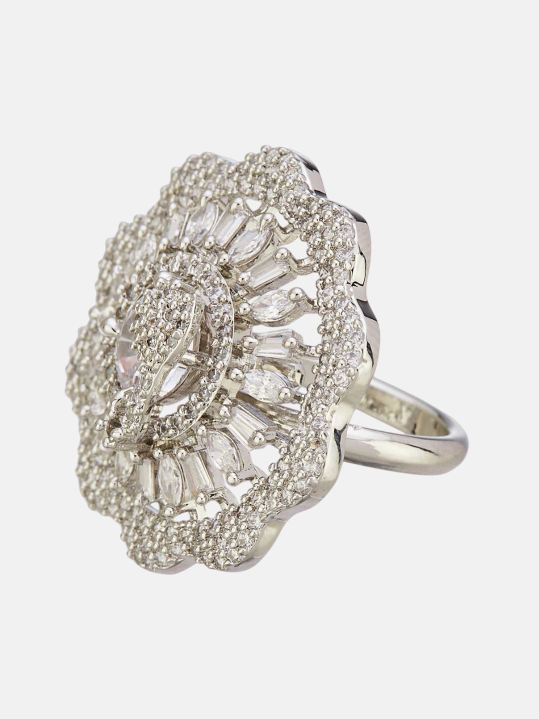 ATIBELLE Set Of 2 Silver-Plated Cubic Zirconia Studded Floral-Shaped Finger Rings