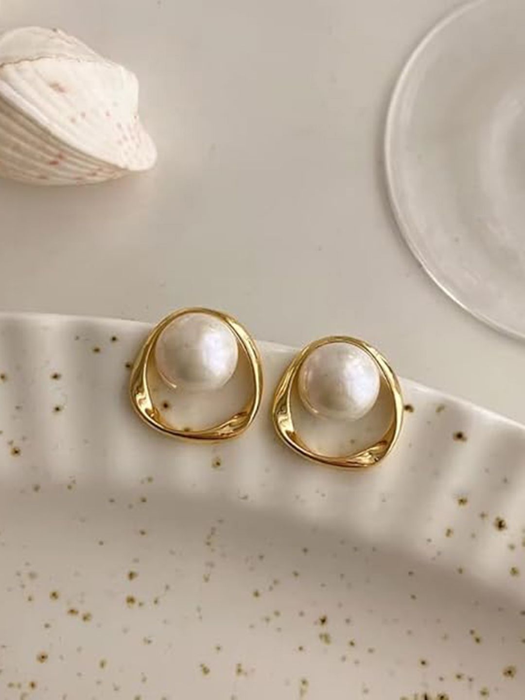 DressBerry Gold Plated Artificial Pearls Beaded Contemporary Shaped Studs Earrings-picture-39