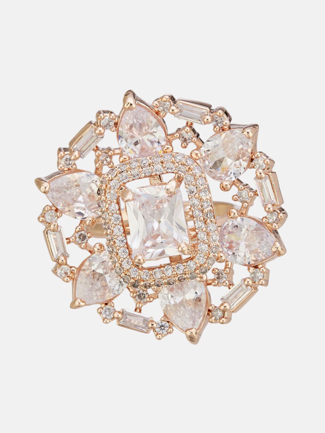 ATIBELLE Set Of 2 Rose Gold-Plated Cubic Zirconia Studded Fusion Finger Ring
