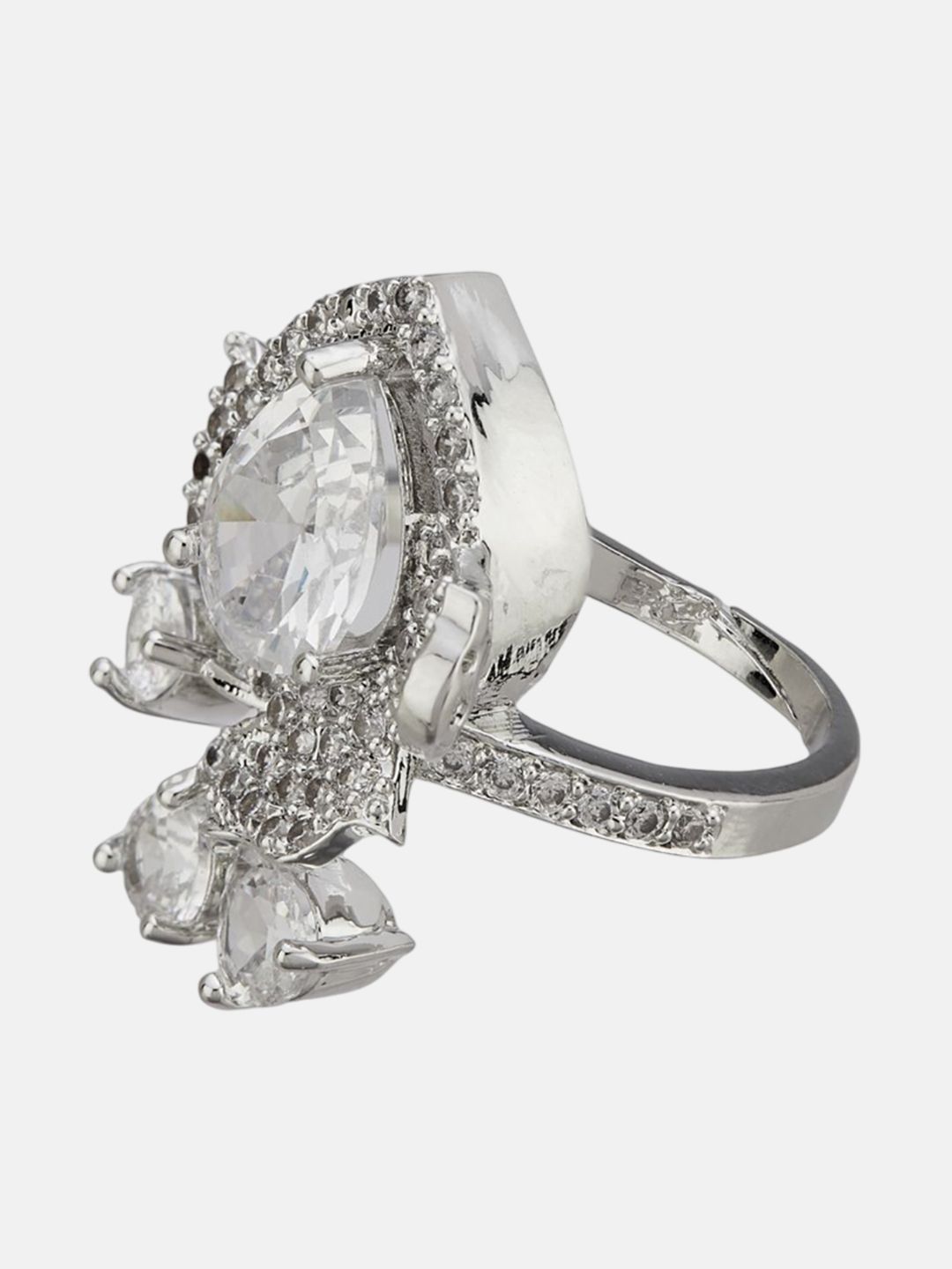 ATIBELLE Set Of 2 Silver-Plated Cubic Zirconia Studded Floral Finger Ring