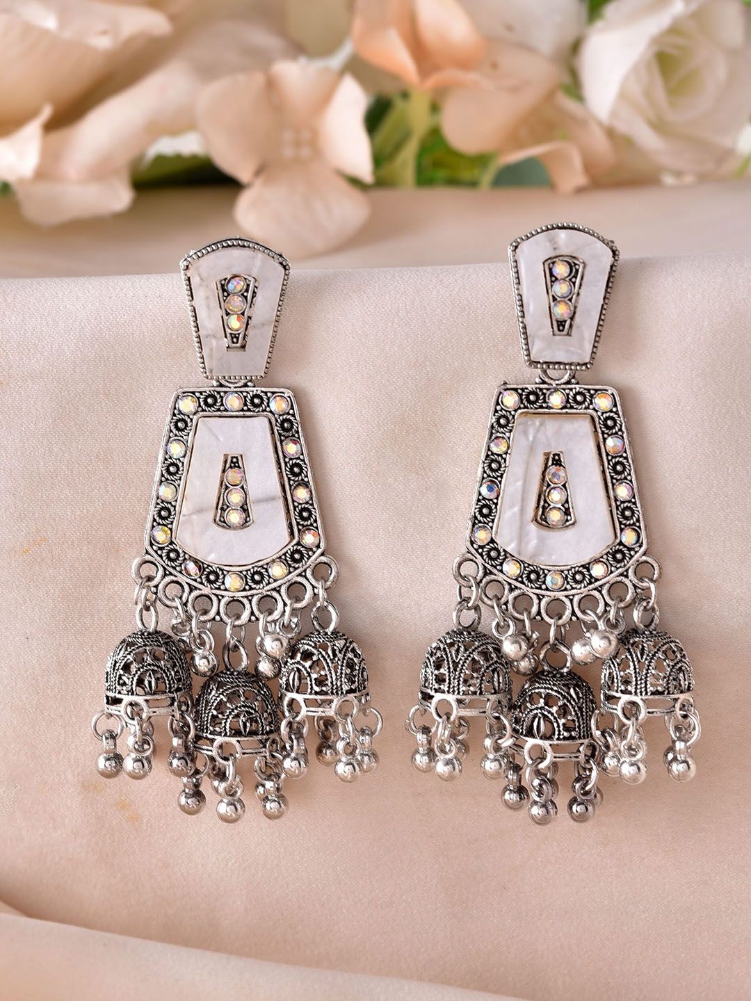 Sangria Silver-Plated Artificial Stones Studded and Beads Beadded Drop Earrings-image-12