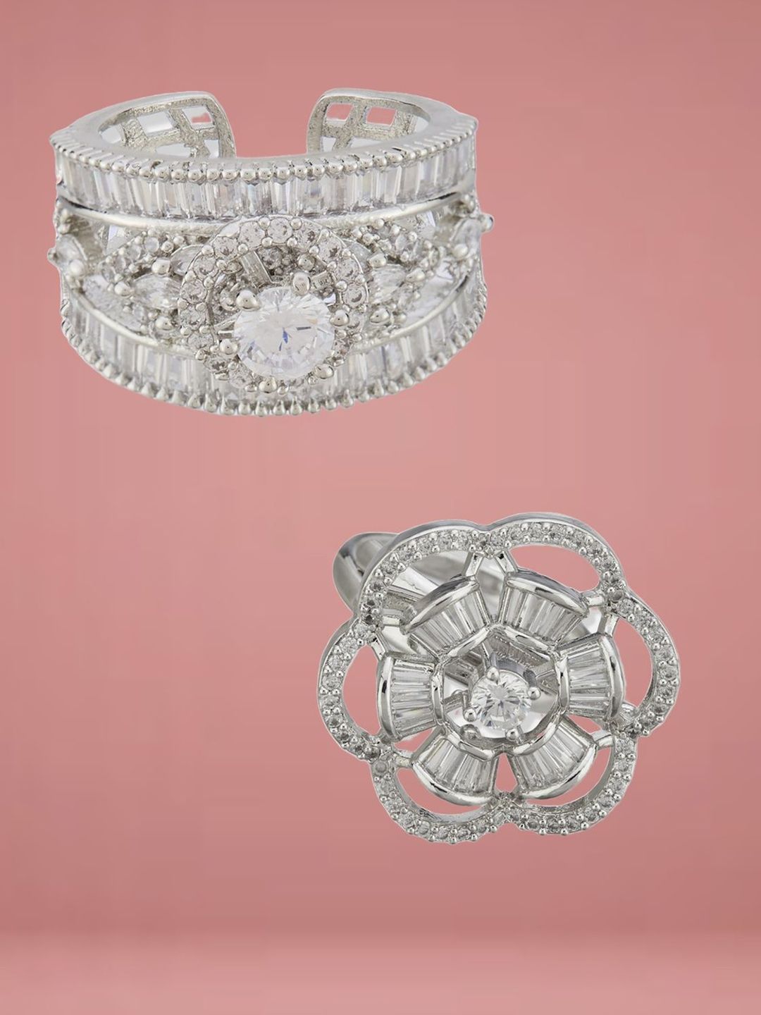 ATIBELLE Set Of 2 Silver-Plated Cubic Zirconia	Stone Studded Floral Rings