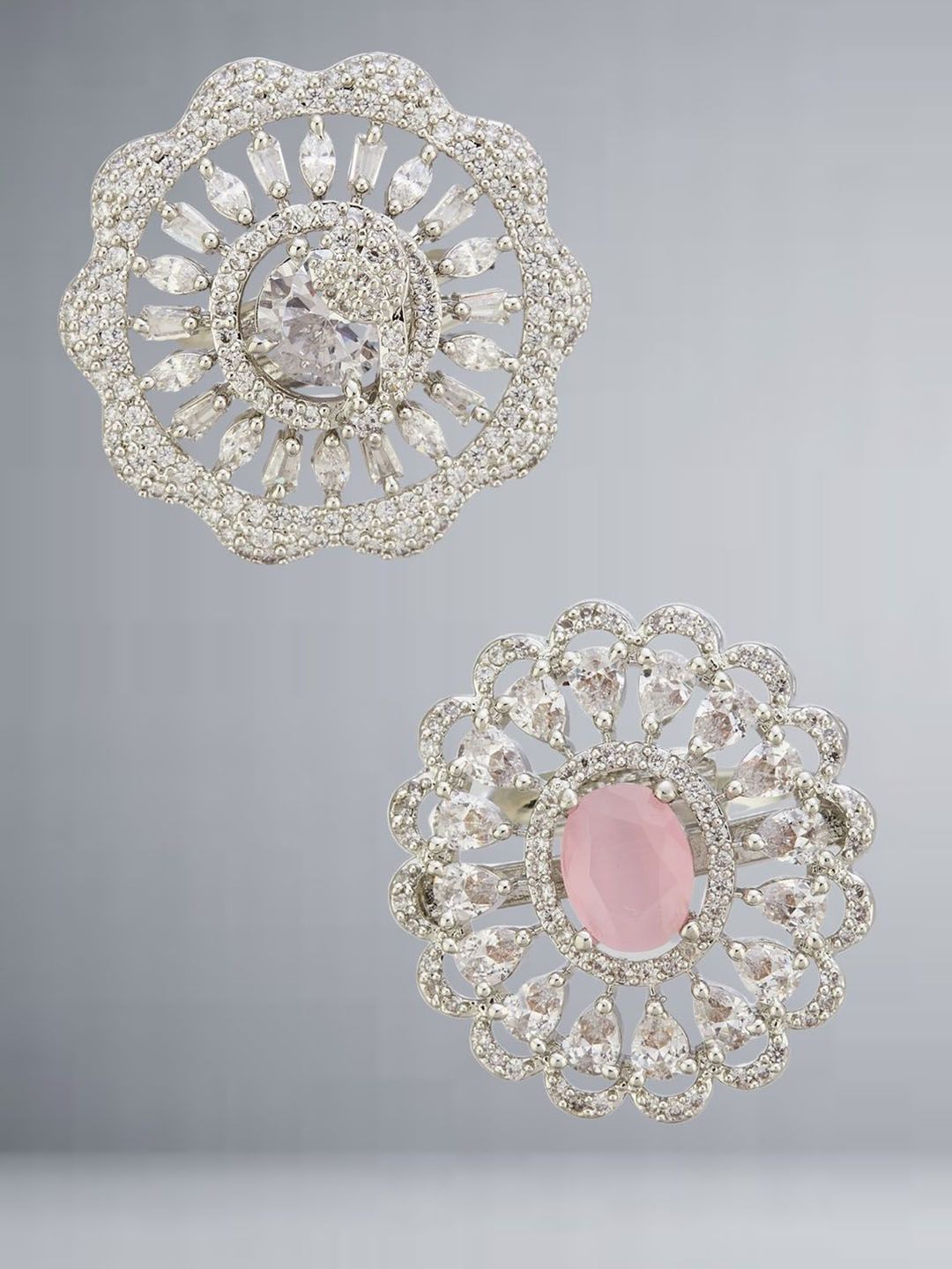 ATIBELLE Set Of 2 Silver-Plated Cubic Zirconia Studded Floral-Shaped Finger Rings