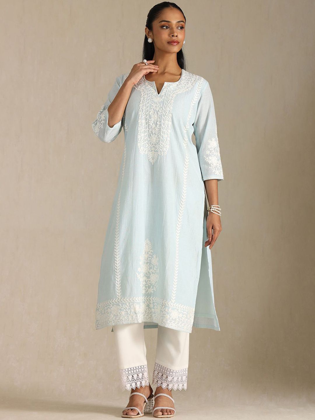 Soch Floral Embroidered Notch Neck Thread Work Cotton Straight Kurta With Trousers-image-23