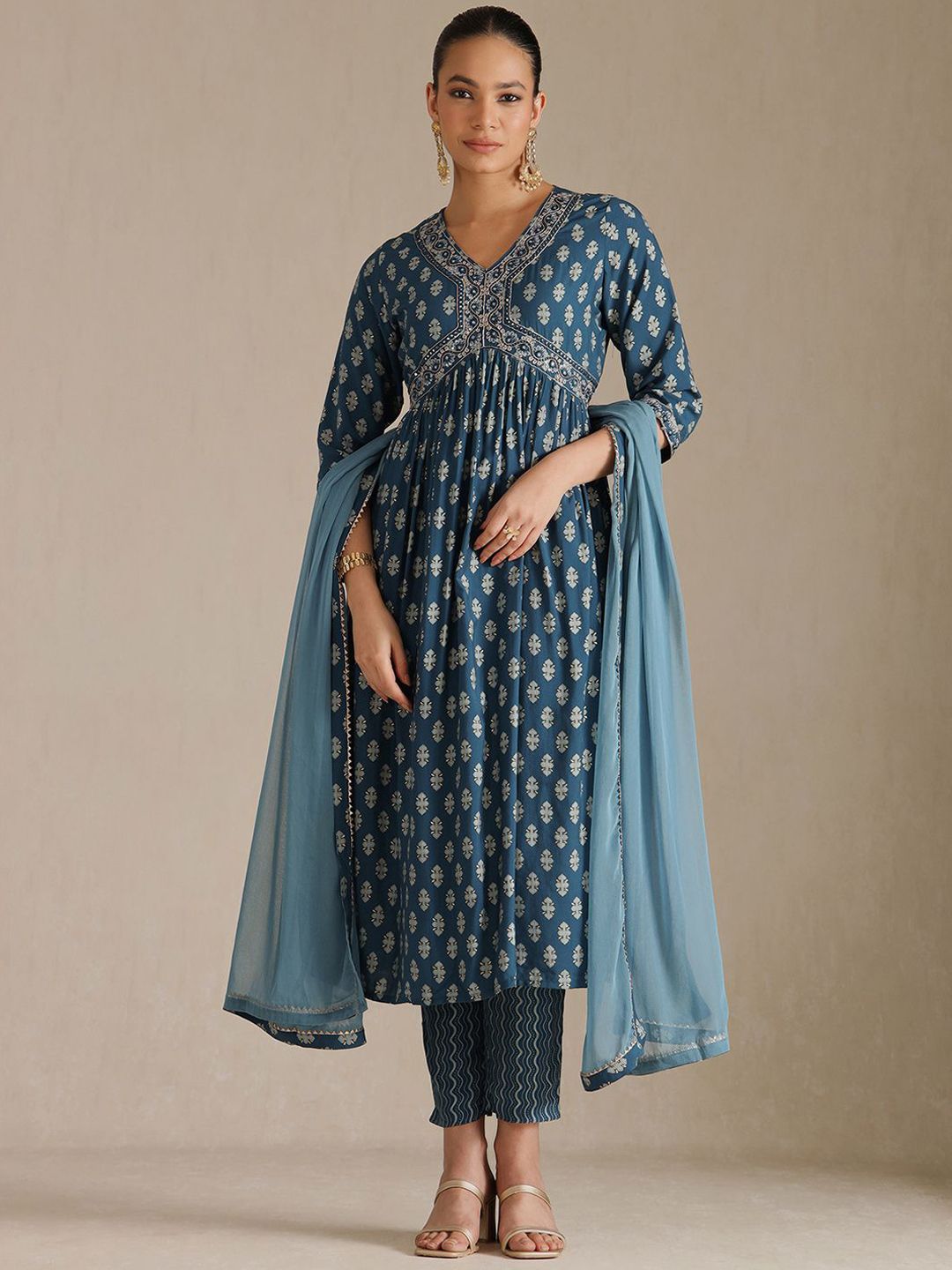 Soch Floral Printed V-Neck Empire Sequinned A-Line Kurta With Trouser And Dupatta