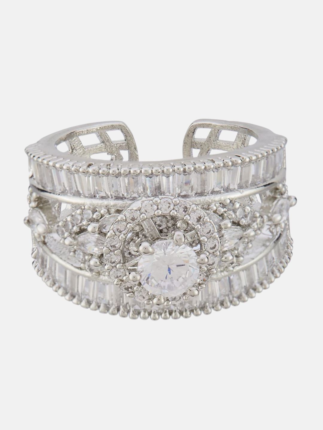 ATIBELLE Set Of 2 Silver-Plated Cubic Zirconia	Stone Studded Floral Rings