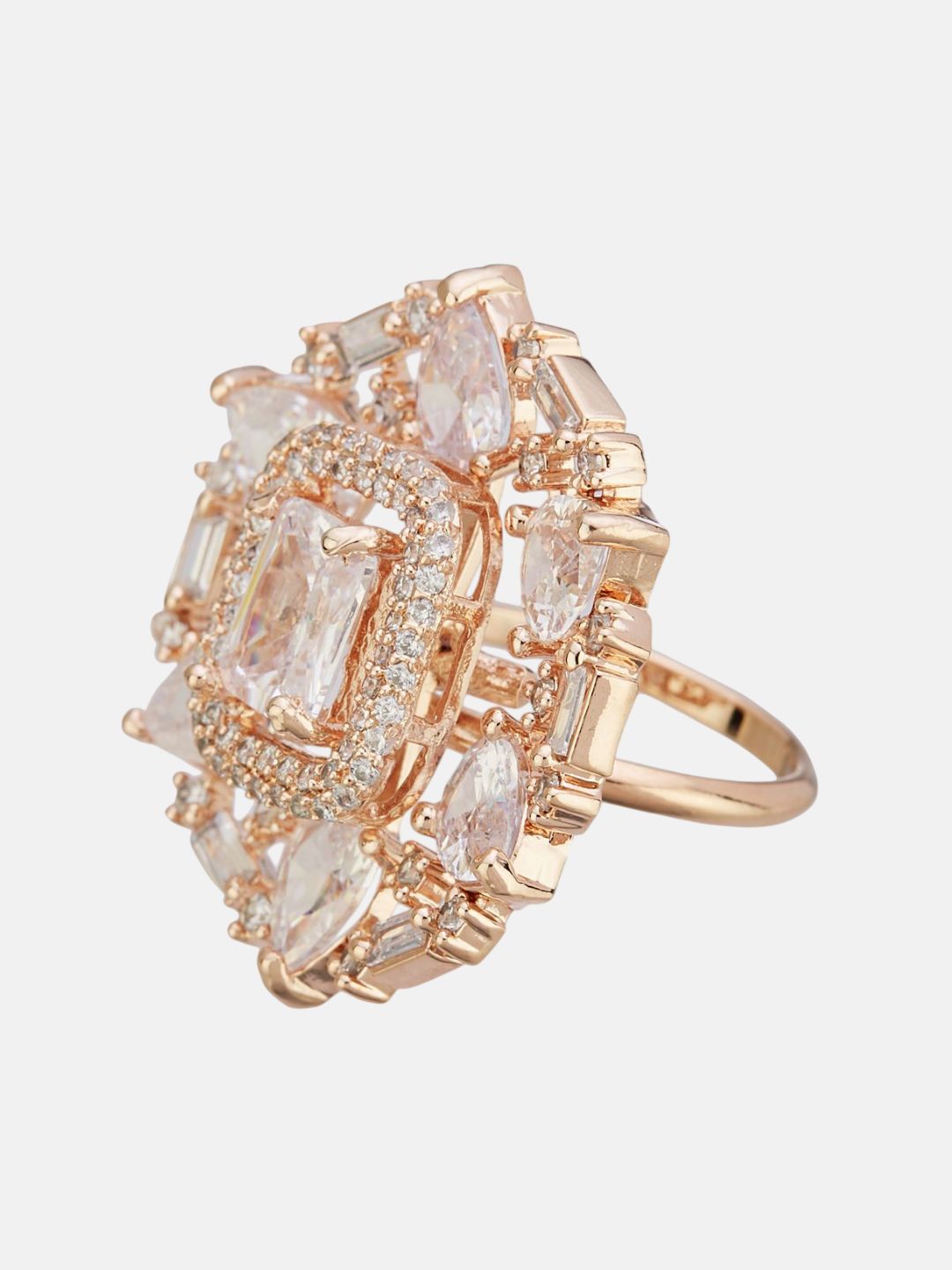 ATIBELLE Set Of 2 Rose Gold-Plated Cubic Zirconia Studded Fusion Finger Ring