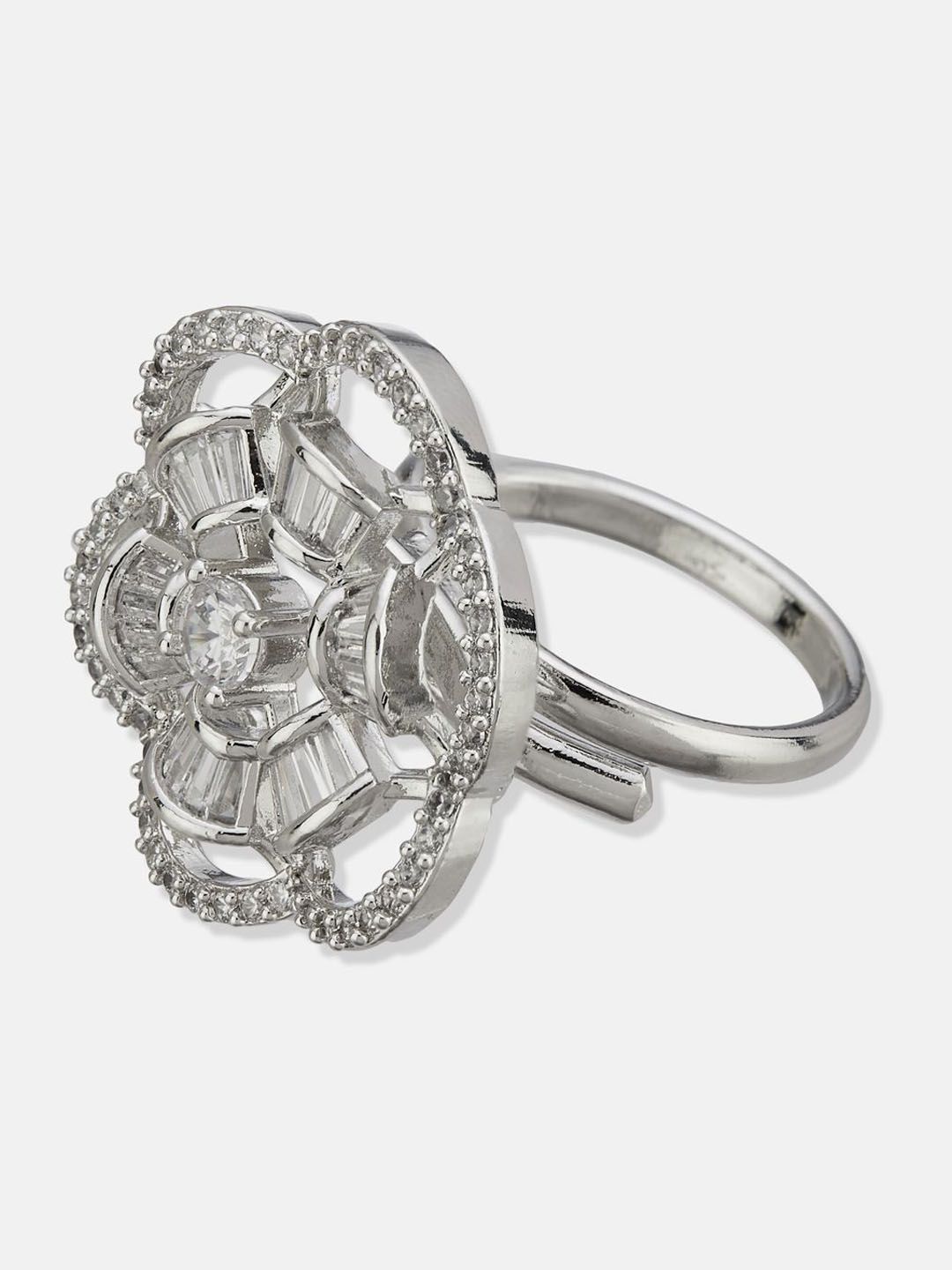 ATIBELLE Set Of 2 Silver-Plated Cubic Zirconia Studded Dazzling Finger Rings