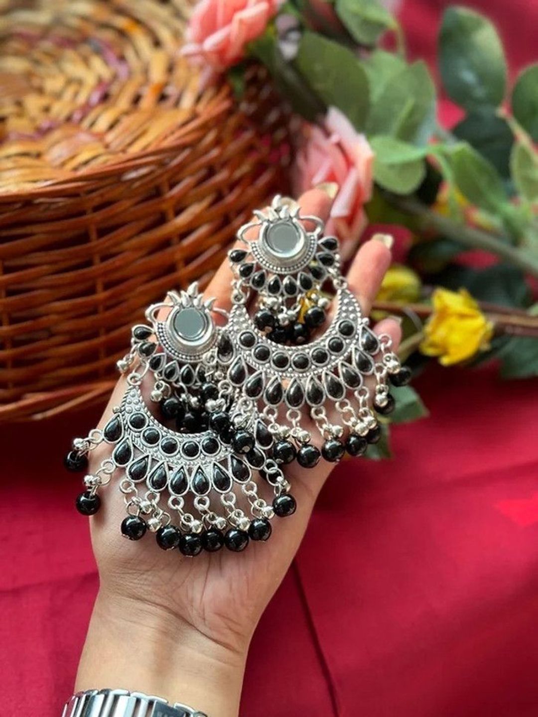 Sangria Silver Plated Artificial Stones Studded & Beaded Oxidised Drop Earrings-image-34