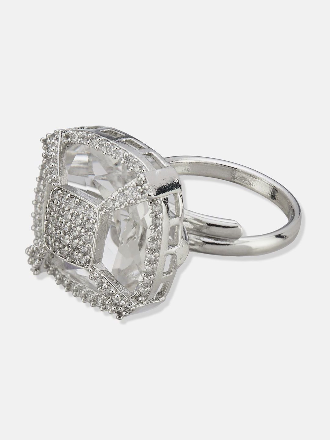 ATIBELLE Set Of 2 Silver Plated CZ Studded Finger Ring