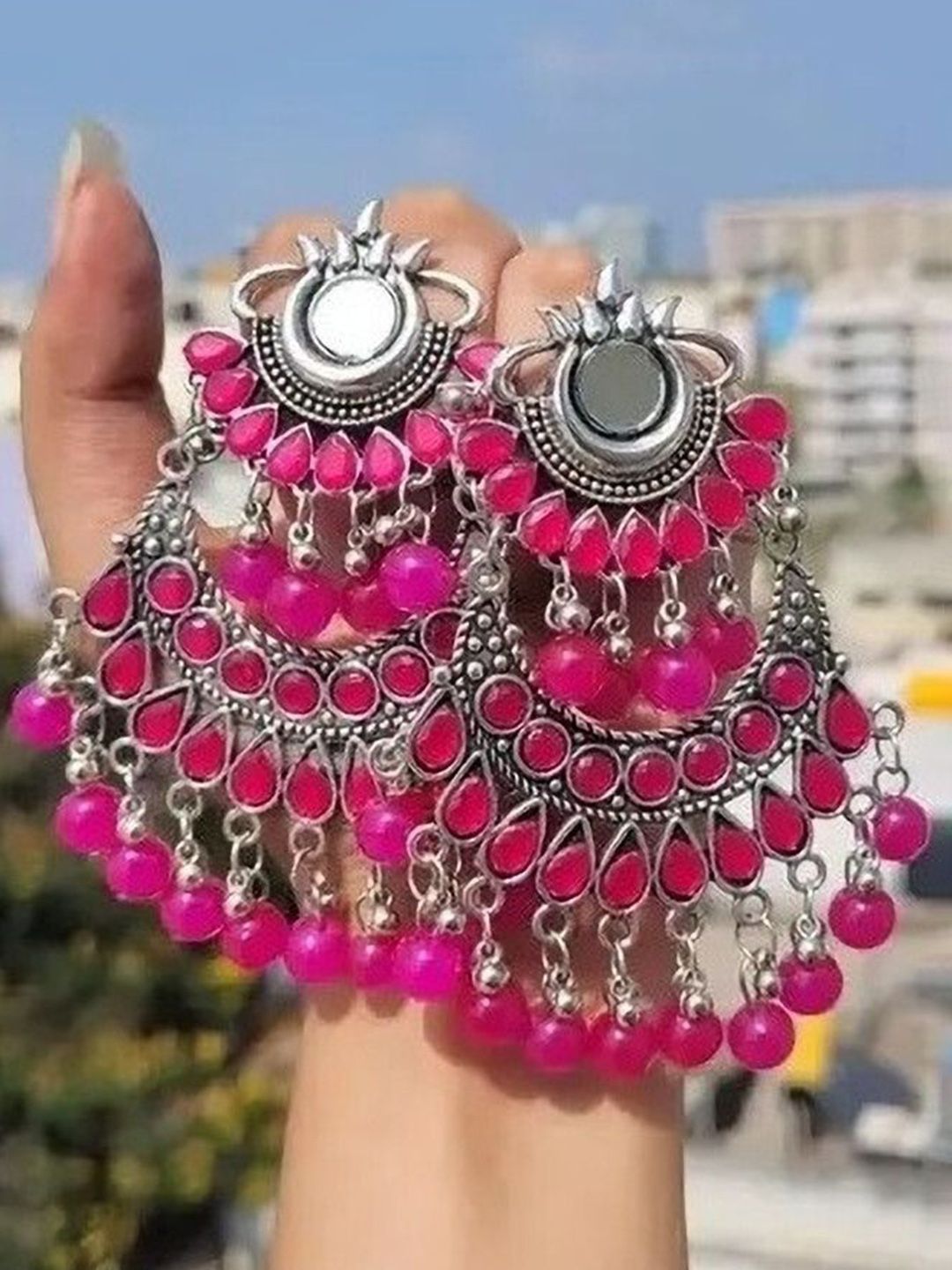 Sangria Silver Plated Artificial Stones Studded & Beaded Oxidised Drop Earrings-image-4
