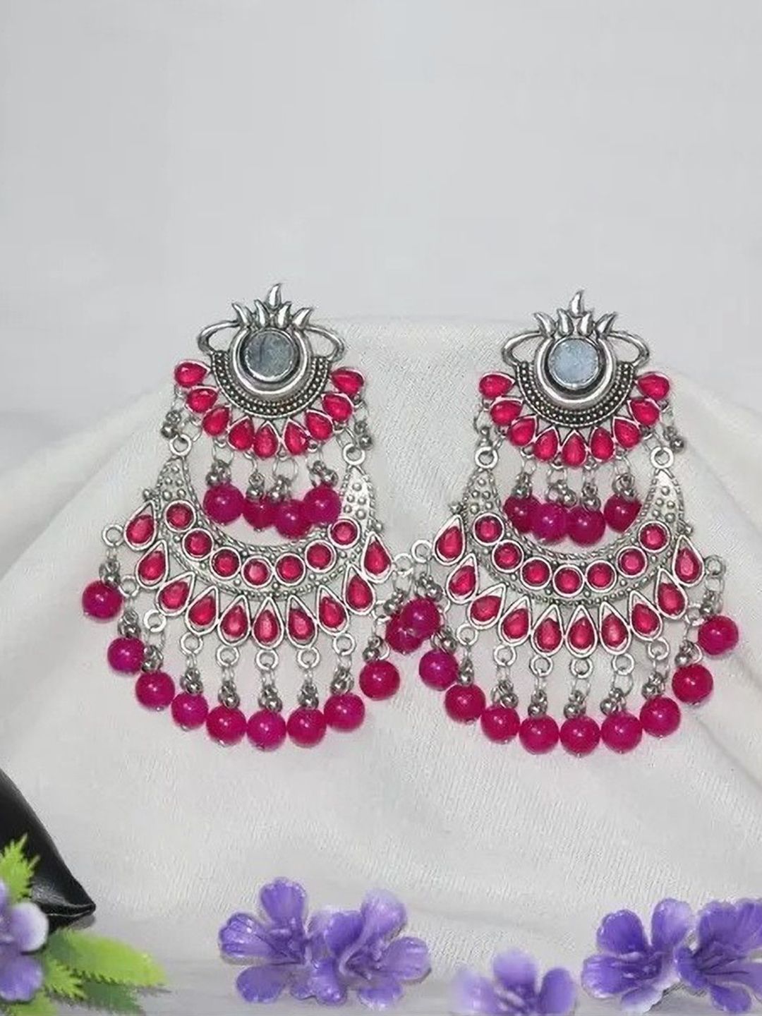 Sangria Silver Plated Artificial Stones Studded & Beaded Oxidised Drop Earrings-image-44