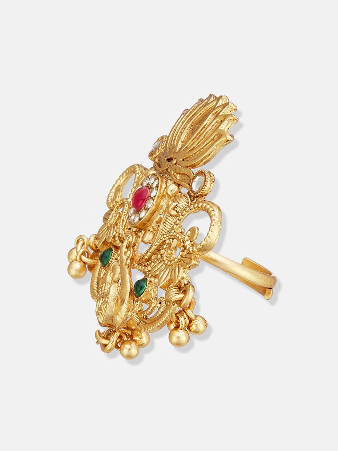 ATIBELLE Set Of 2 Gold-Plated Stone Studded & Beaded Peacock Shaped Finger Rings