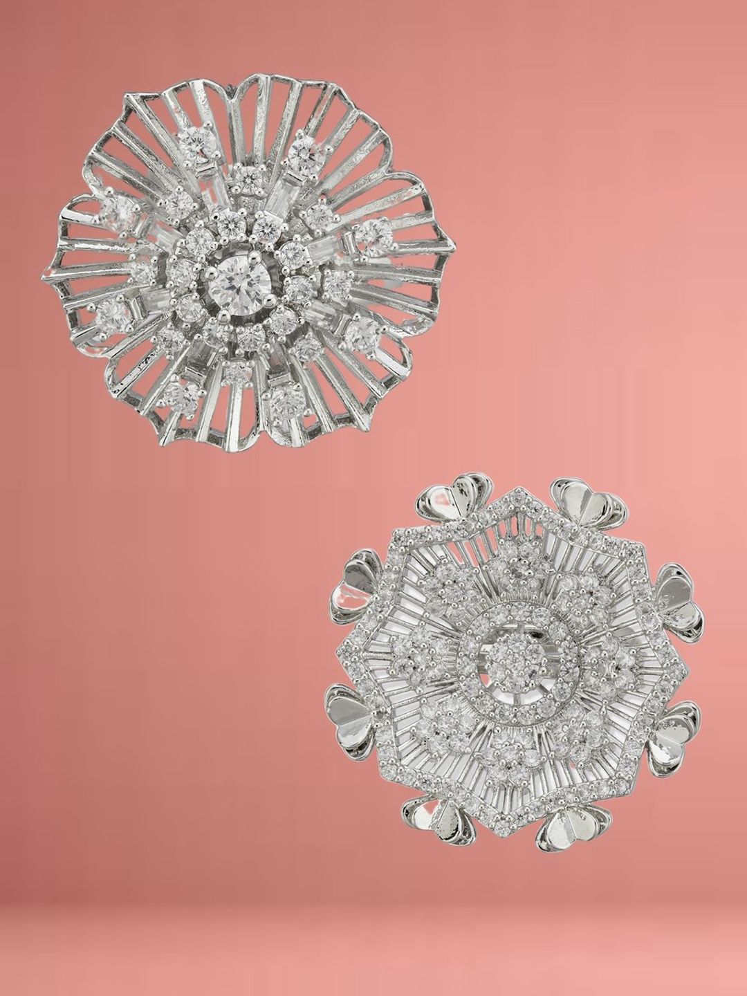 ATIBELLE Set Of 2 Silver-Plated Cubic Zirconia Studded Floral-Shaped Finger Rings