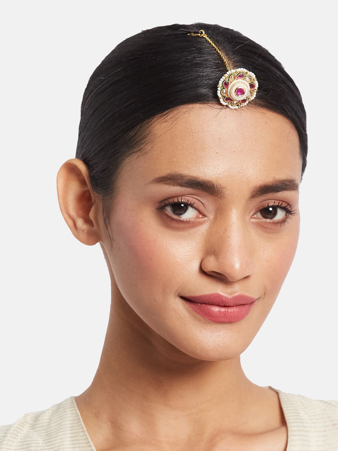 ATIBELLE Set of 2 Gold-Plated Stone Studded and Rajasthani Borla Beaded Maang Tikkas