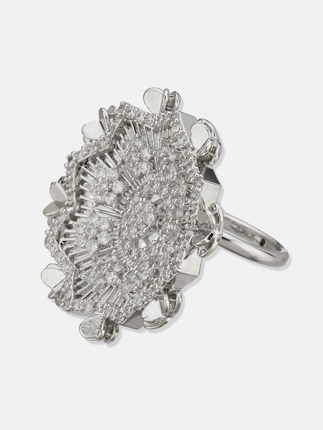ATIBELLE Set Of 2 Silver-Plated Cubic Zirconia Studded Dazzling Finger Rings