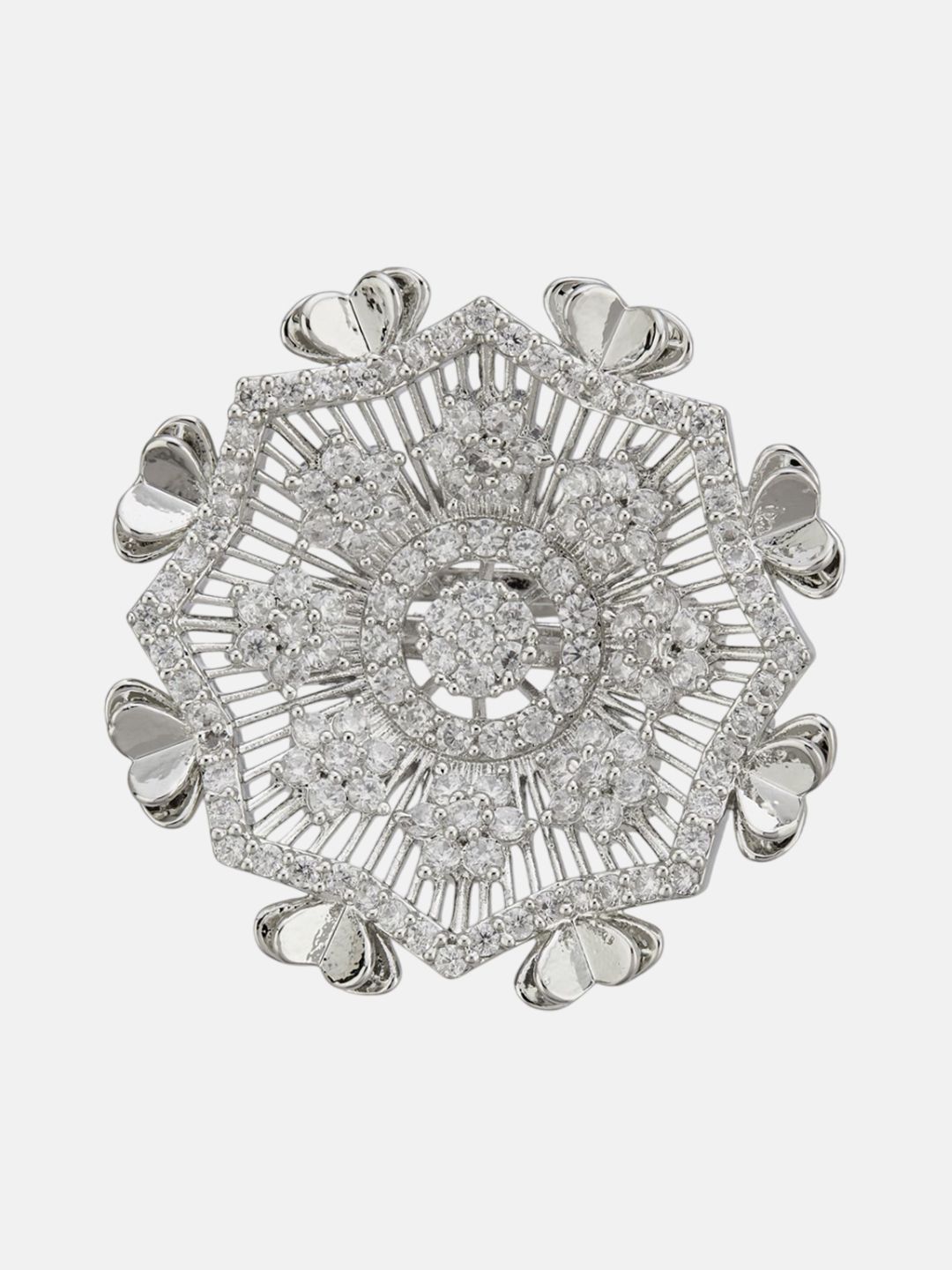 ATIBELLE Set Of 2 Silver-Plated Cubic Zirconia Studded Floral Finger Ring