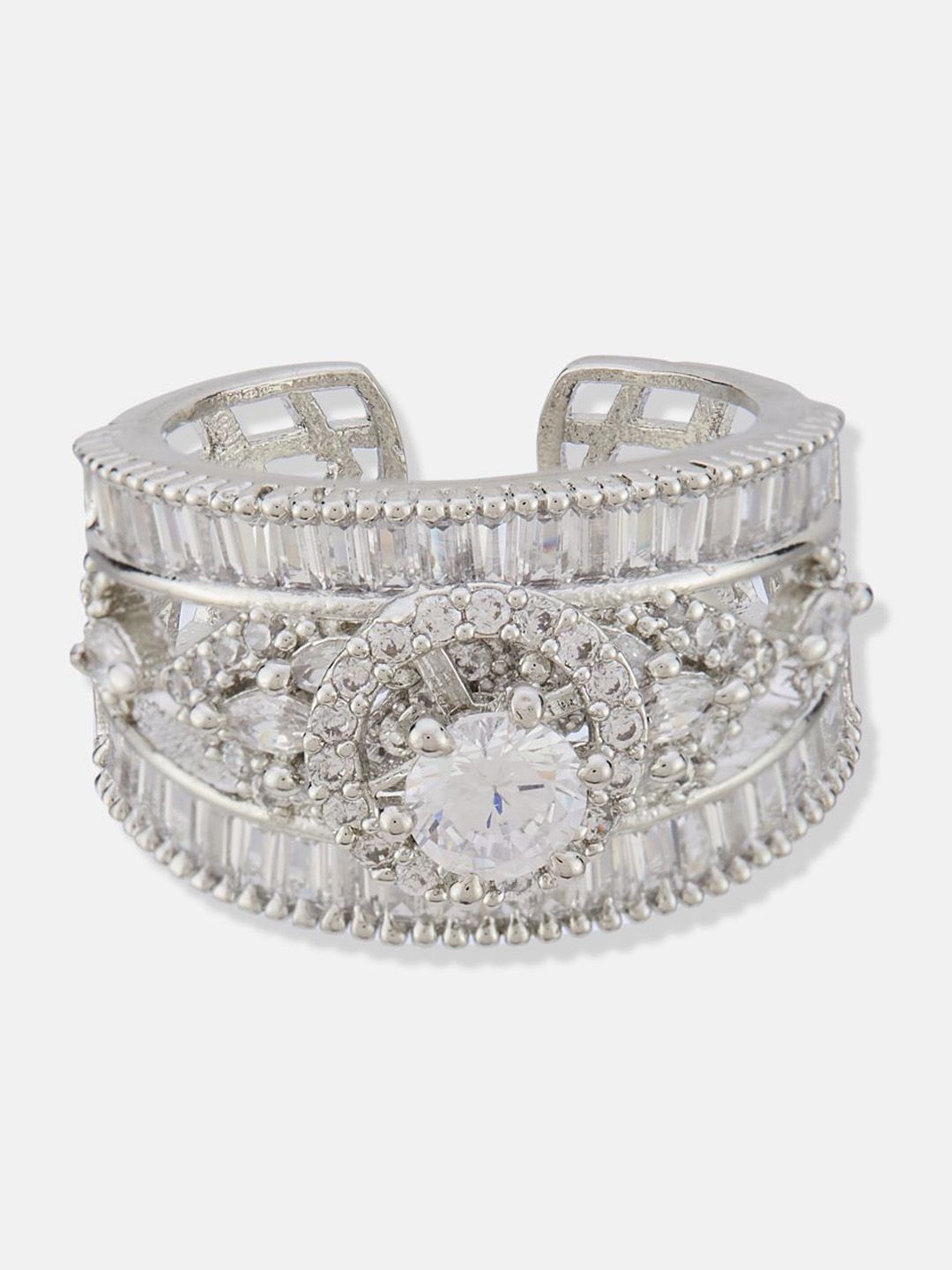 ATIBELLE Set Of 2 Silver-Plated Cubic Zirconia	Stone Studded Floral Rings