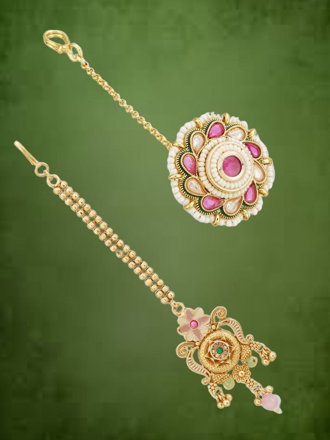 ATIBELLE Set of 2 Gold-Plated Stone Studded and Rajasthani Borla Beaded Maang Tikkas