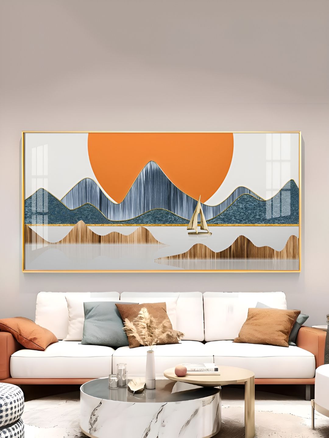 THE NEXT DECOR Blue & Orange-Colored Boat & Sunset Scenery Glass Finish Horizontal WallArt-picture-19