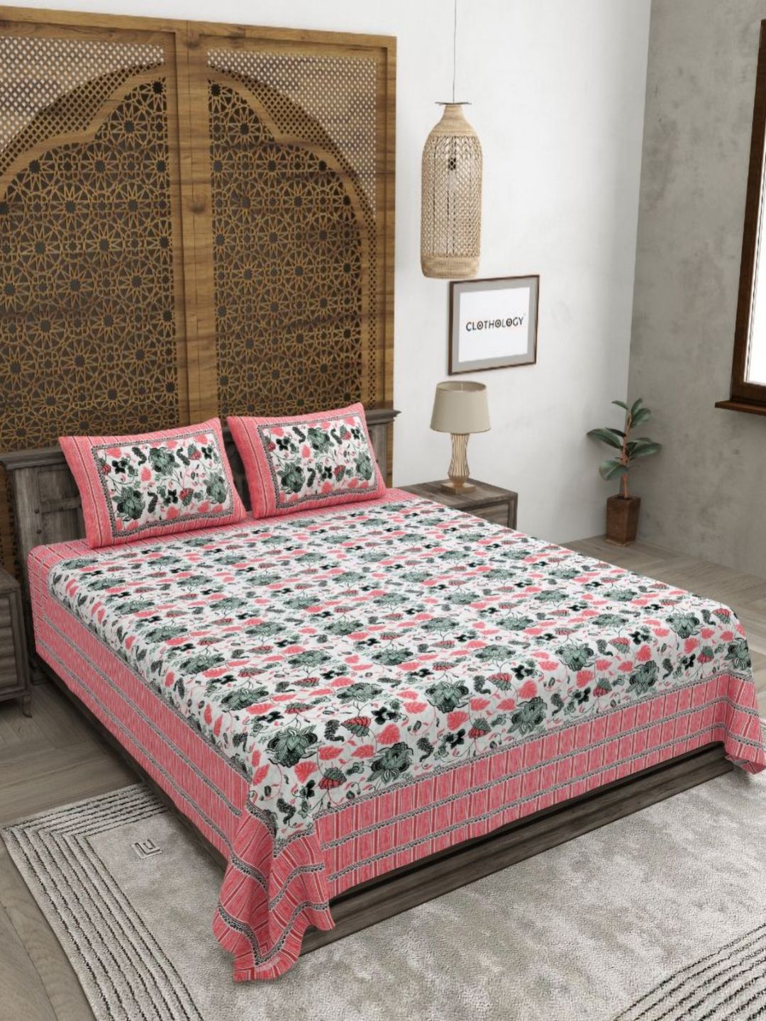 CLOTHOLOGY 180 TC Floral Printed King Bedsheet with 2 Pillow Covers-image-35