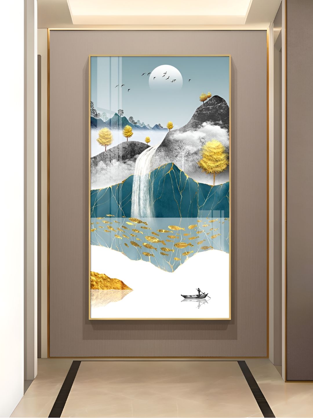 THE NEXT DECOR Gold-Toned & White Waterfall & Boat Glass Finish Vertical Wall Art-picture-21