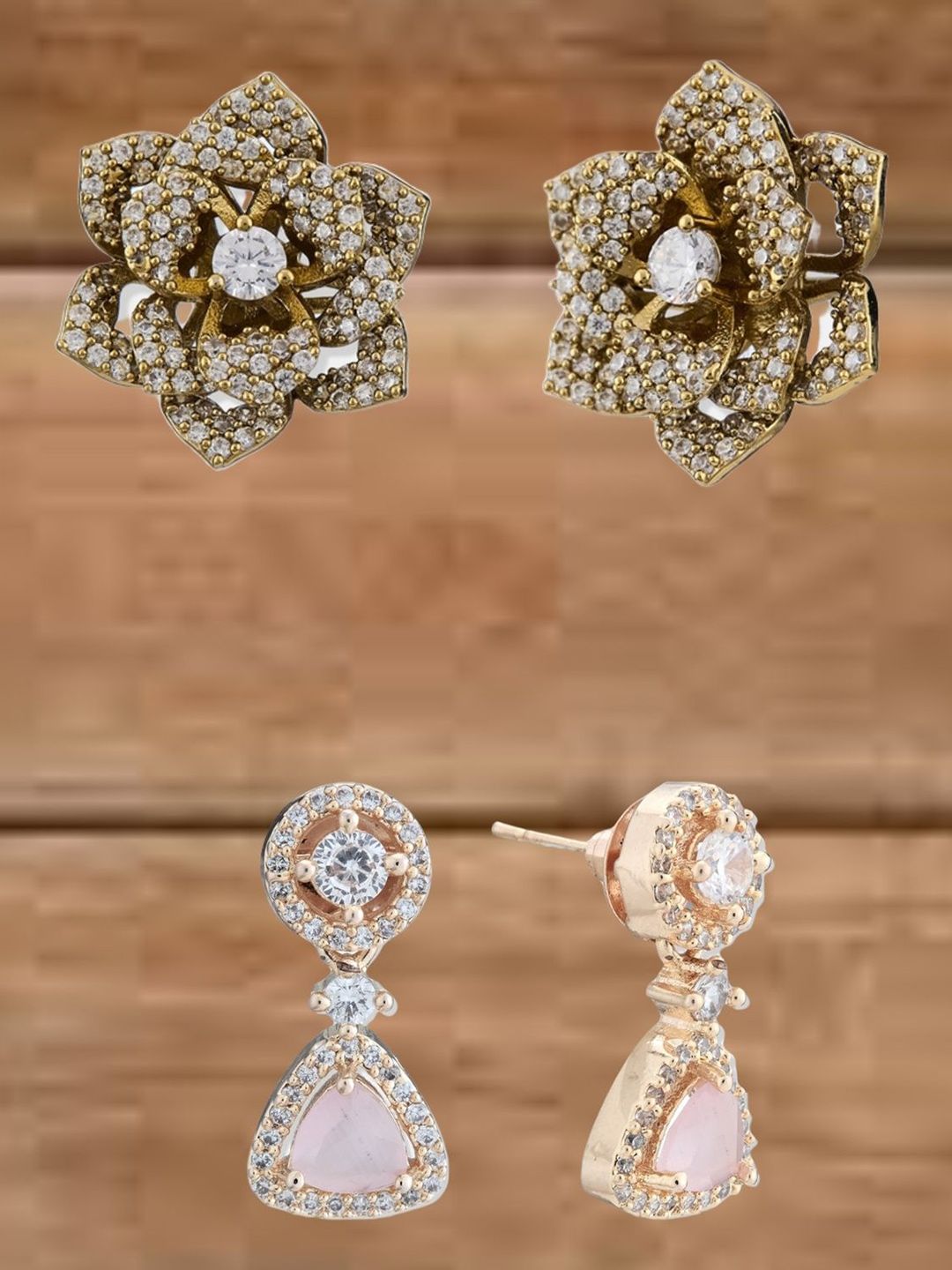 ATIBELLE Set Of 2 Gold-Plated Cubic Zirconia Studded Floral Studs
