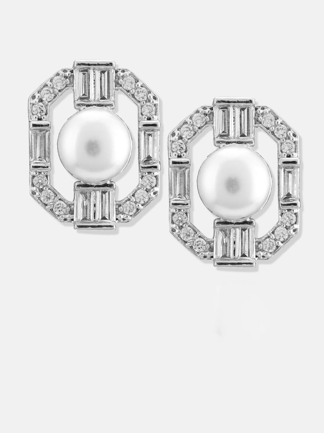 ATIBELLE Set Of 2 Silver-Plated Cubic Zirconia Studded Contemporary Studs