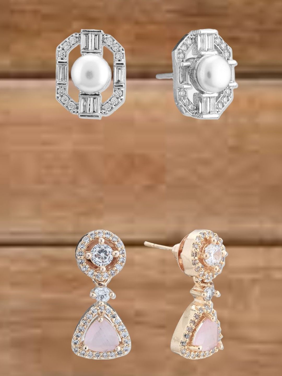 ATIBELLE Set Of 2 Silver-Plated Cubic Zirconia Studded Contemporary Studs