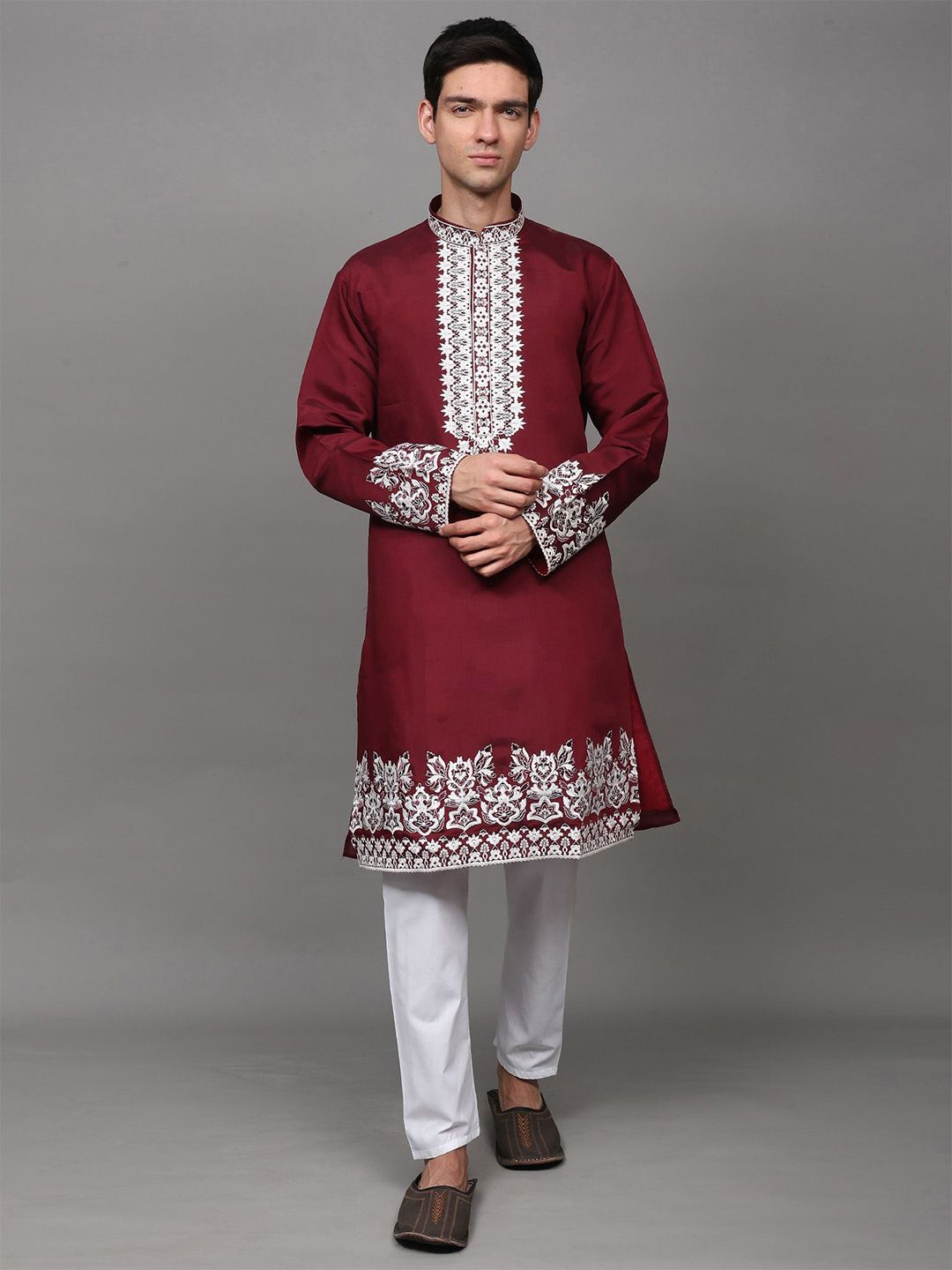 Exotic India Men Floral Thread Embroidered Kurta with Elastic Waist White Pajama-picture-21