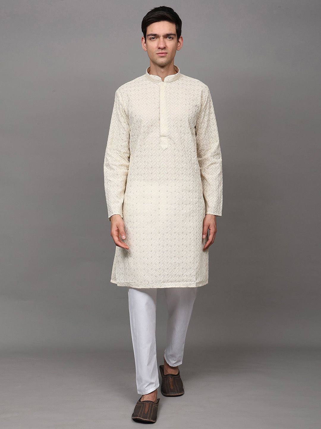 Exotic India Men Floral Embroidered Cotton Kurta with Pyjama-picture-16