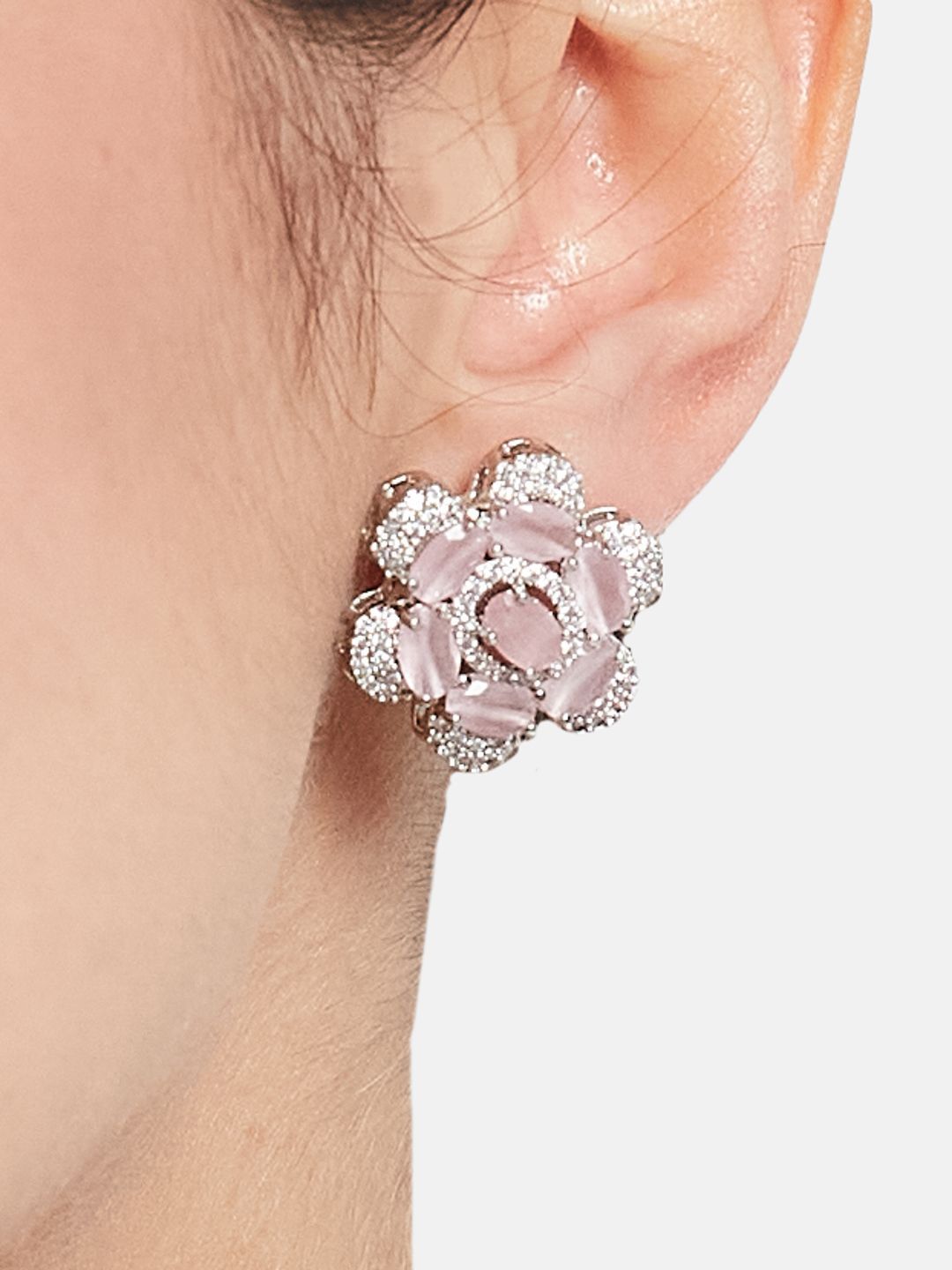 ATIBELLE Set Of 2 Silver-Plated Cubic Zirconia Studded Floral Shaped Studs