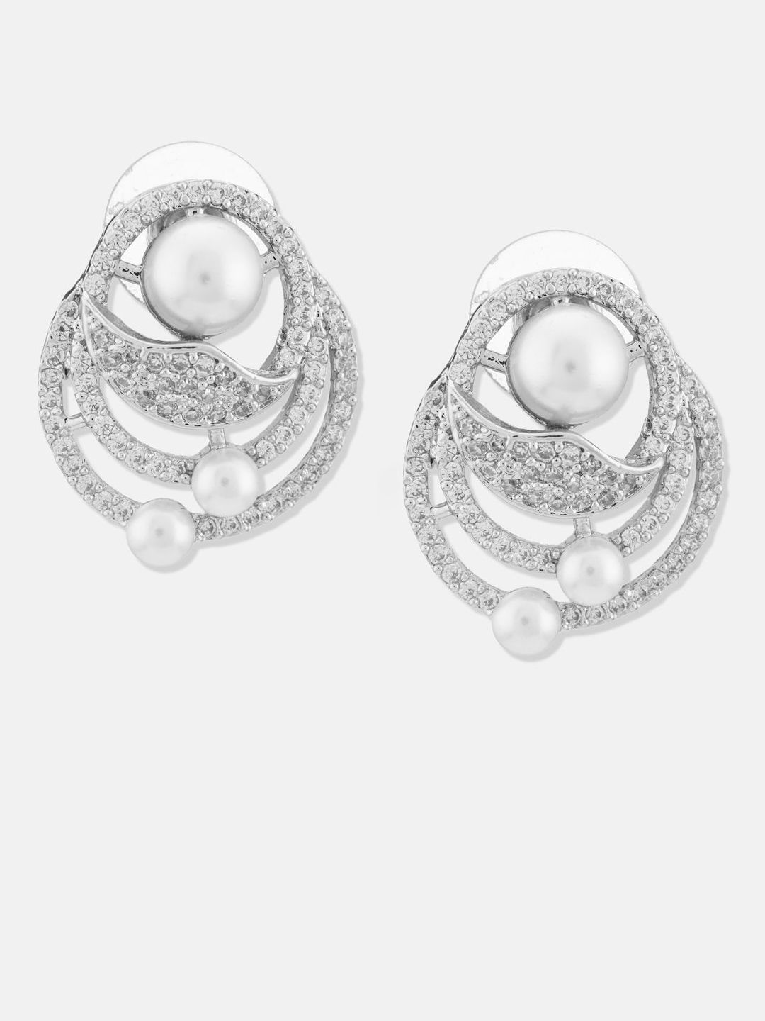 ATIBELLE Set Of 2 Silver-Plated Cubic Zirconia Studded Contemporary Studs