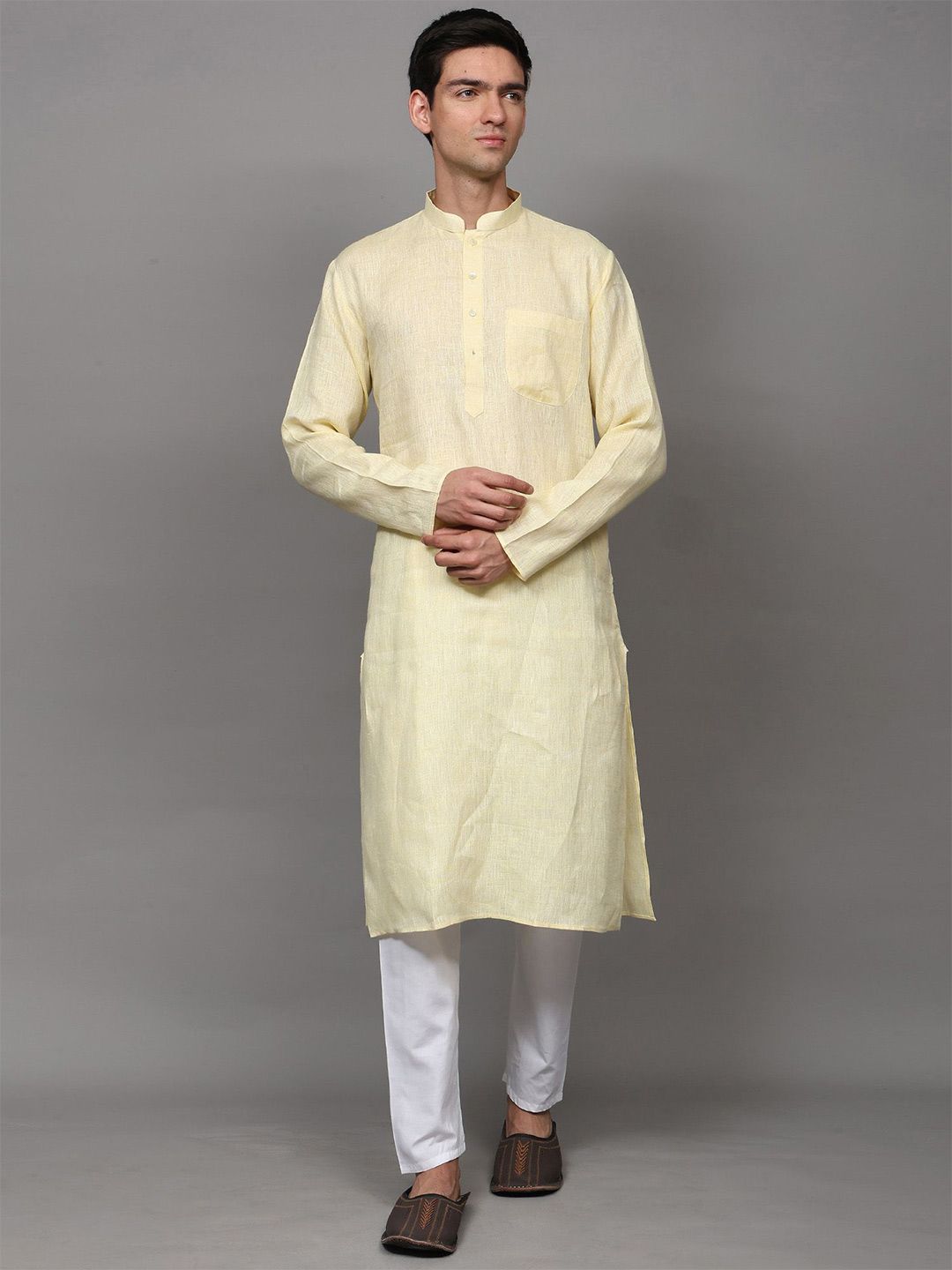 Exotic India Men Solid Linen Kurta with Pyjama-picture-32