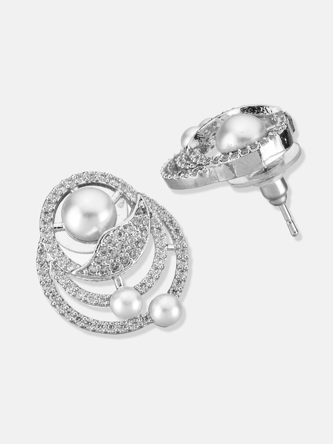 ATIBELLE Set Of 2 Silver-Plated Cubic Zirconia Studded Contemporary Studs