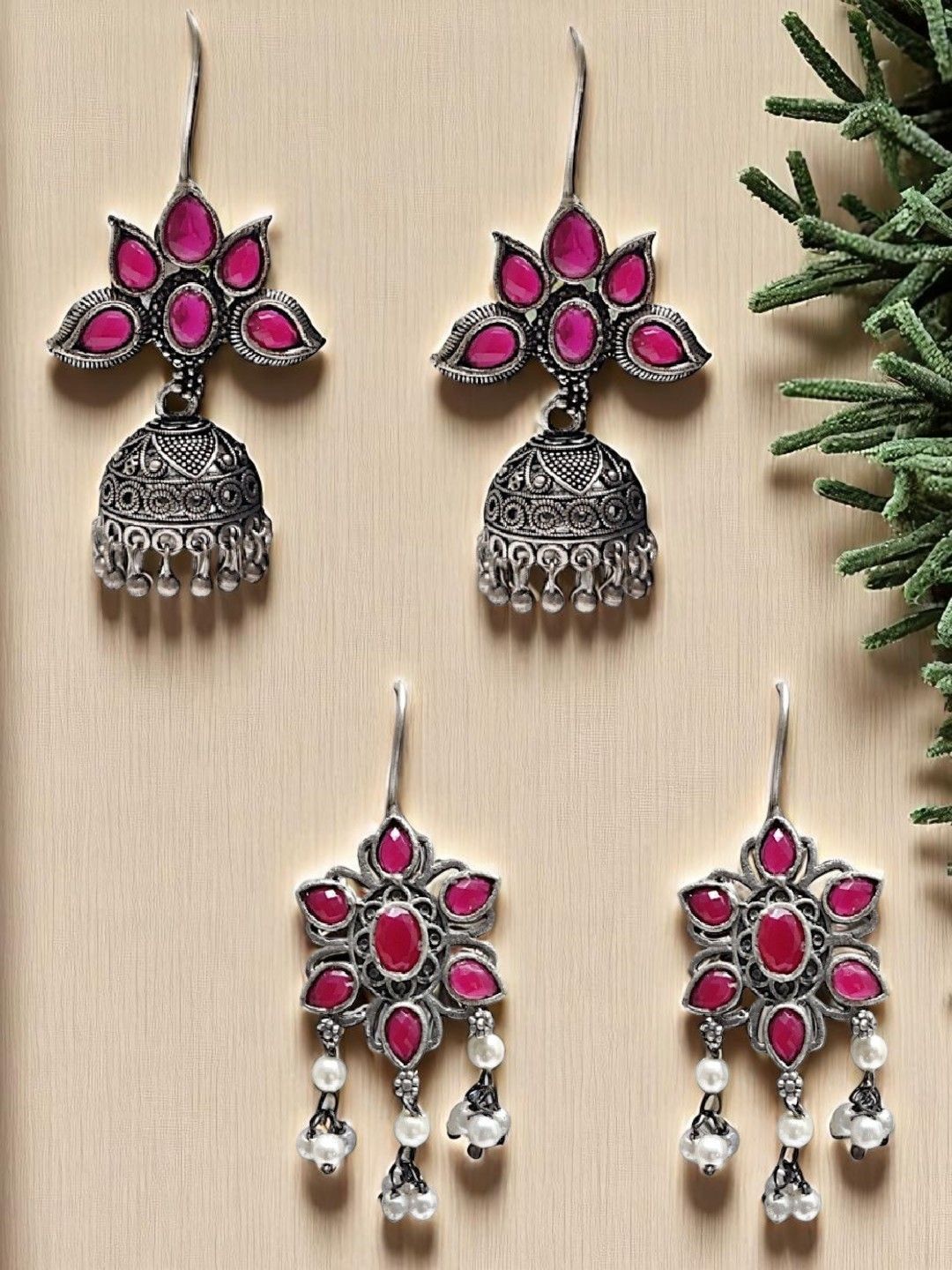 OOMPH Set Of 2 Artificial Stones Studded Floral Shaped Oxidised Jhumkas-image-40