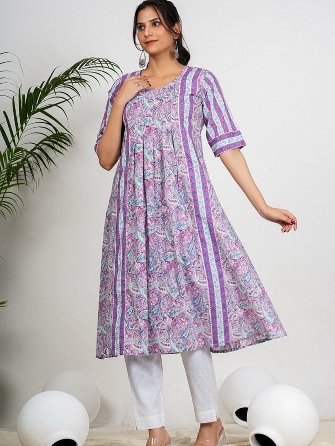 Women Green Printed Anarkali Kurta Boho Dress Designer
