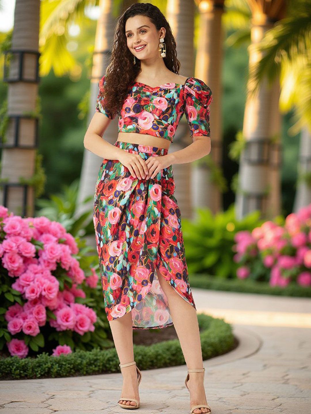 Zima Leto Printed Sweetheart Neck Top With Skirt Co-Ords Set