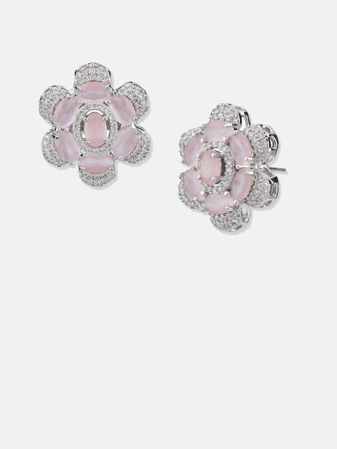 ATIBELLE Set Of 2 Silver-Plated Cubic Zirconia Studded Floral Shaped Studs