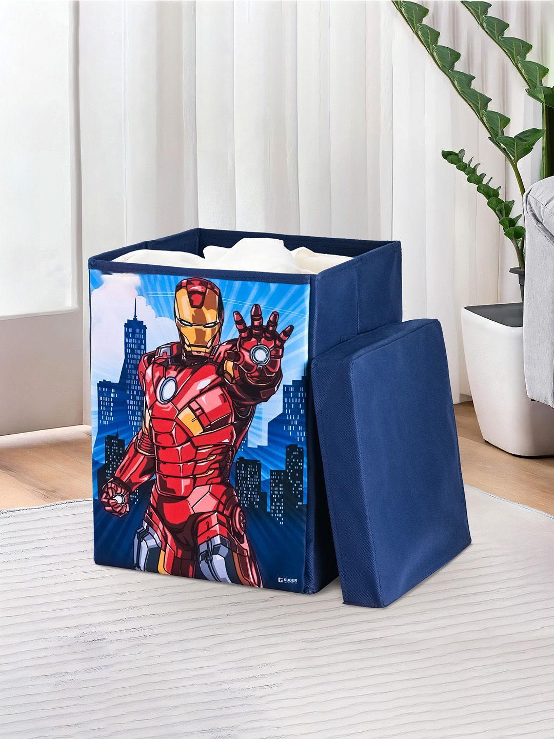 Kuber Industries Navy Blue Marvel Ironman Printed Laundry Basket With Lid - 60 L-picture-20